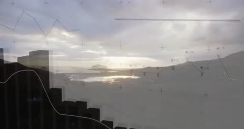 Futuristic Data Visualization Overlay on Coastal Seascape