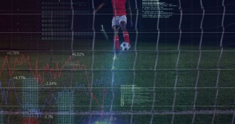 Soccer player kicking ball with data overlays on backlit field
