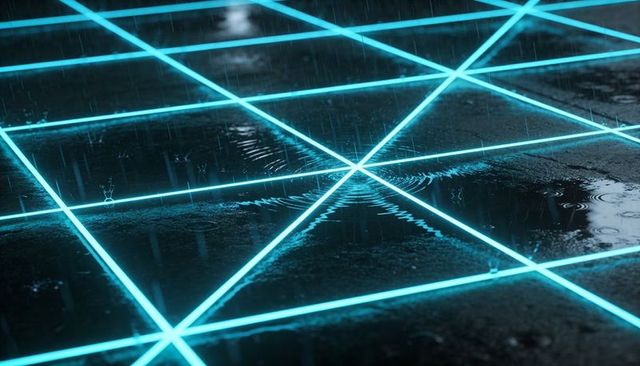 Cyan neon grid reflecting on rain-soaked asphalt with puddles and ripples at night