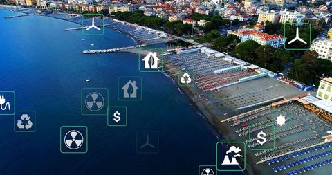 Aerial Coastal Resort with Sustainability Icons Overlay