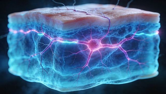 Glowing neuron network penetrating translucent tissue block, electric pulses propagating