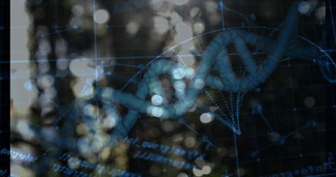 Glowing cyan DNA helix overlaying blurred forest with digital grid and code fragments