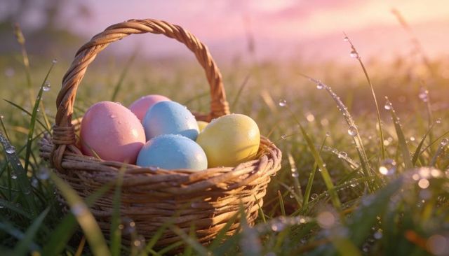 Pastel easter eggs resting in dewy wicker basket at sunrise with sparkling droplets