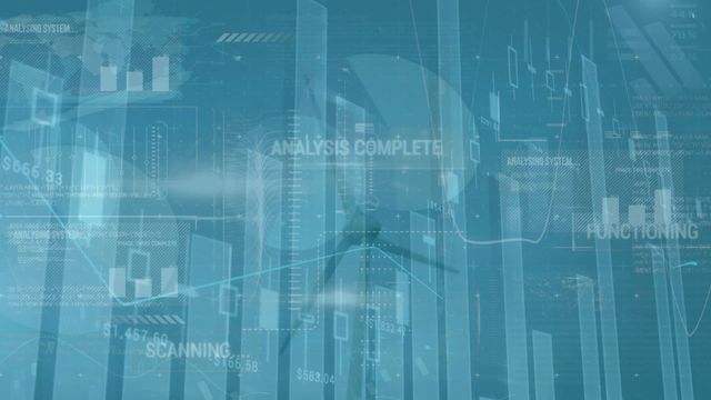 This video captures a high-tech animated interface displaying statistical data processing over a view of a spinning windmill against a blue background. Ideal for presentations on renewable energy, business data analytics, technological advancements in sustainability, and related concepts. Can be used in marketing materials, educational contexts, and technology blogs.