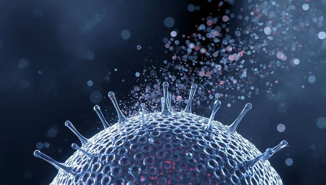 Glowing viral particle with hexagonal honeycomb surface and spike droplet aerosol emission