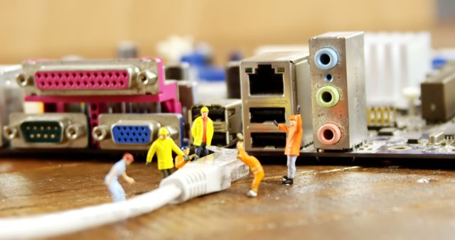 Miniature Workers Repairing a Computer Motherboard with Cables - Download Free Stock Images Pikwizard.com