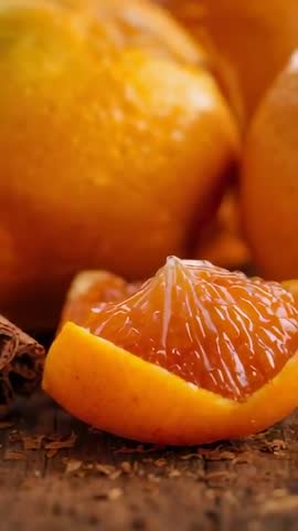 Sliding Macro Vertical Video Revealing Juicy Orange Wedge with Cinnamon and Wood Grain