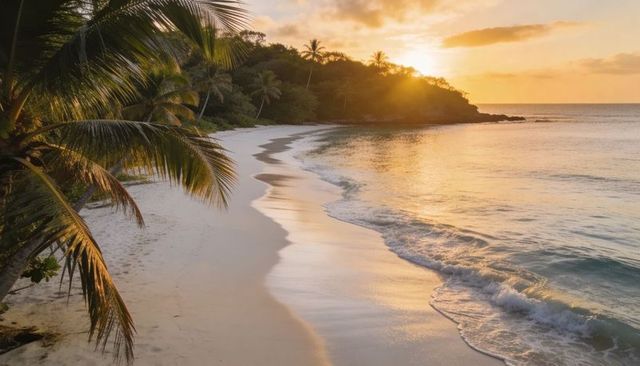 Tropical crescent beach at golden sunset with palm silhouettes and reflective wet sand