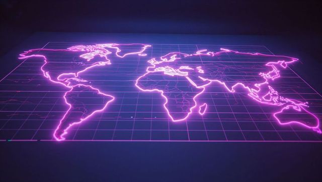 Neon Digital World Map Visualization With Tech Grids