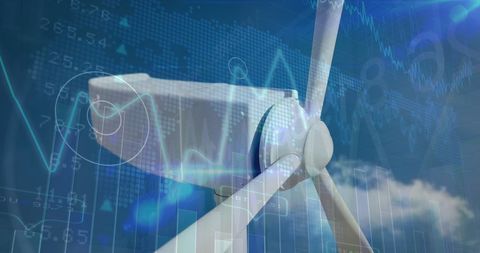 Wind Turbine with Financial Data Overlay Showing Green Energy Growth