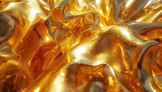Abstract Flowing Golden Metallic Texture with Shimmering Droplets
