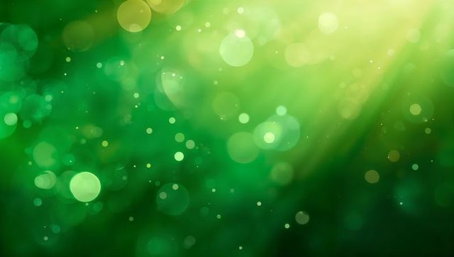Emerald Bokeh Lightscape with Glowing Orbs, Soft Particles and Sunlit Green Gradient