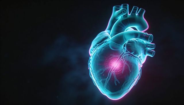 Translucent neon human heart glowing cyan and magenta with highlighted coronary arteries