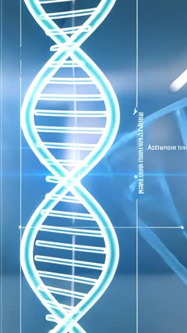 Vertical biotech UI animating cyan DNA helix with grid lines, data overlays and lab interface