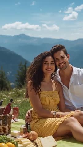 Vertical video: couple cuddling and smiling during picnic on sunlit alpine meadow