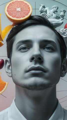 Grapefruit Rising Male Portrait Camera Pulling Back Fruits Sliding Surreal Vertical Video