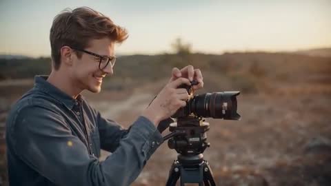 Photographer Adjusting DSLR on Tripod During Golden Hour in Rugged Field