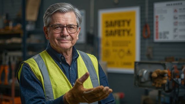 Senior workshop supervisor gesturing while wearing high-visibility vest and safety glasses