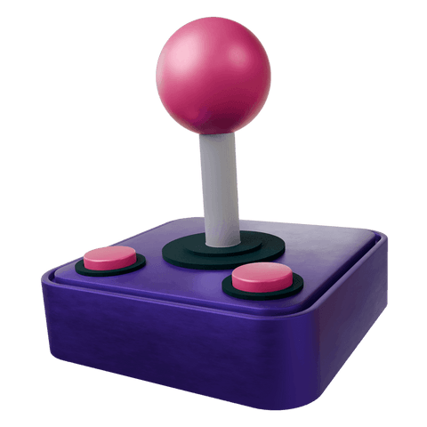 Transparent 3d retro joystick render with purple base, pink knob and buttons