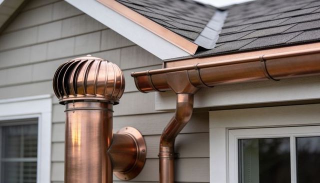 Spinning copper turbine ventilator and seamless gutter on home roof, architectural detail