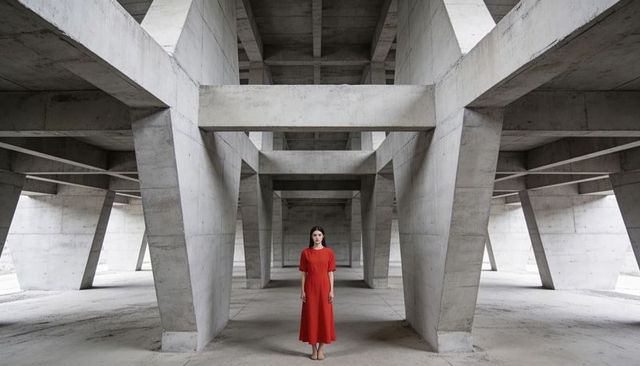 Standing barefoot wearing red dress among concrete v-columns, minimalist geometric contrast