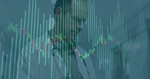 Doctor analyzing data with overlay of stock market chart