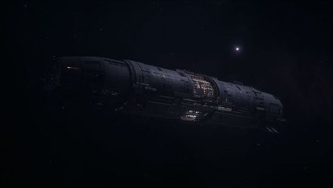 Drifting Modular Cylinder Spaceship Floating in Deep Space with Lit Bays and Starfield