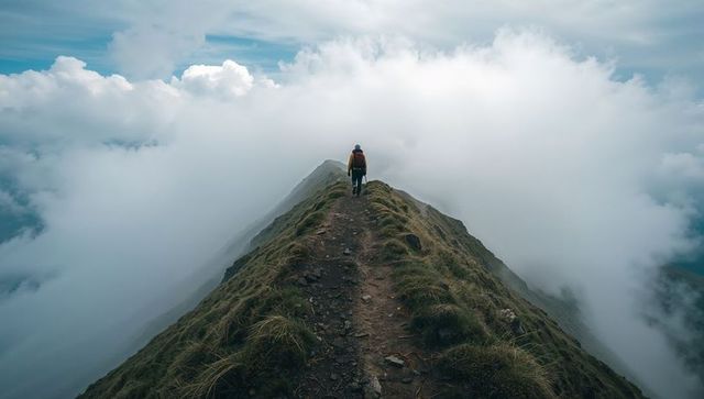Hiker walking narrow alpine ridge into misty clouds for adventure and solitude