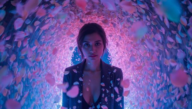 Asian woman in neon petal tunnel wearing dark blazer and low-cut top, magenta glow