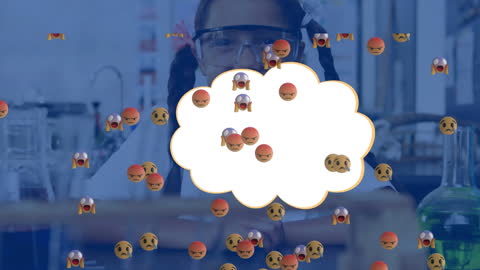 Young Girl in Science Lab with Angry Emojis Overlay