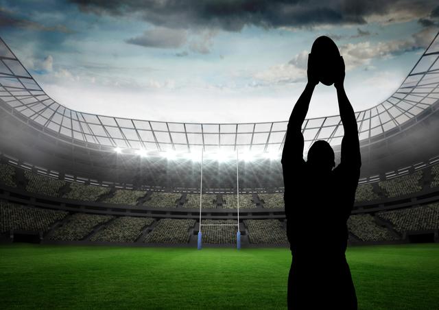 Digital composite image of silhouette athlete playing rugby in stadium