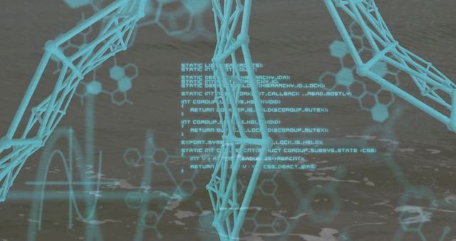 Futuristic Wireframe Structure Emerging from Water with Digital Overlay