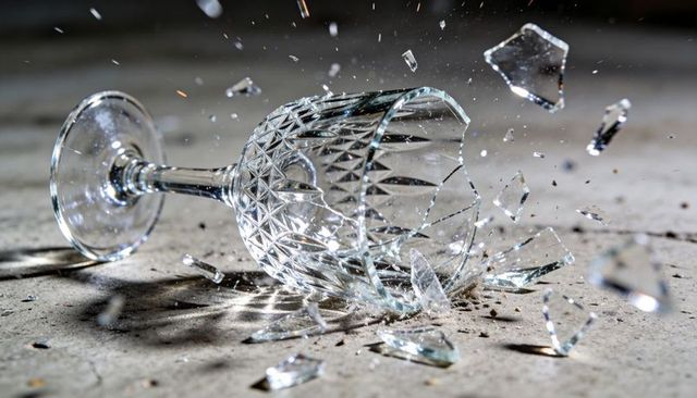 Cut crystal glass shattering on concrete, shards scattering and catching bright reflections