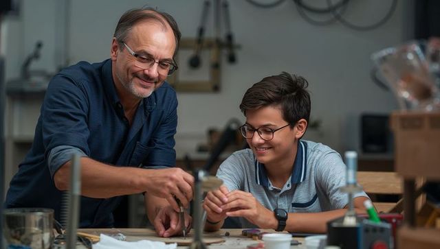 Experienced mentor guiding teen through metalworking project in makerspace workshop