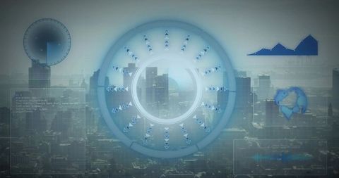 Futuristic hud overlay projecting circular data dashboard over city skyline for analytics