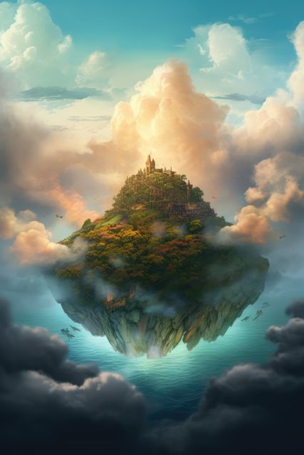 Depicting a fantasy floating island with a castle surrounded by clouds, ideal for use in fantasy stories, gaming graphics, magical world illustrations, and dreamlike artwork decorations. The surreal and ethereal atmosphere evokes a sense of wonder and adventure.