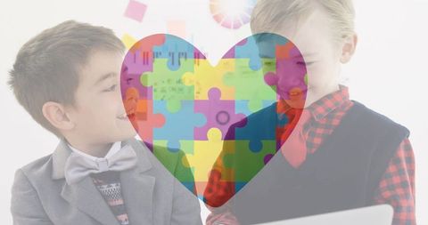 Heart Puzzle Overlay Autism Awareness Schoolboys Smiling