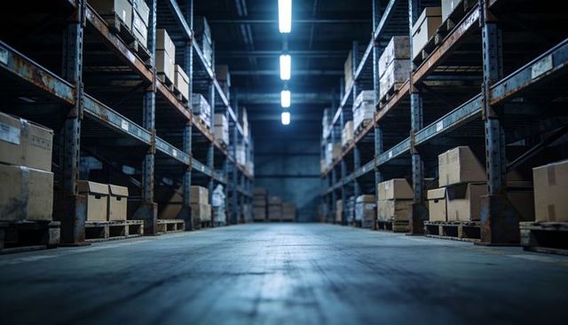 Leading warehouse aisle drawing eye to vanishing point, metal racks, pallets, stacked boxes