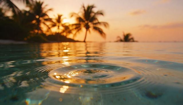 Golden sunset over tropical lagoon with rippling water and palm tree silhouettes