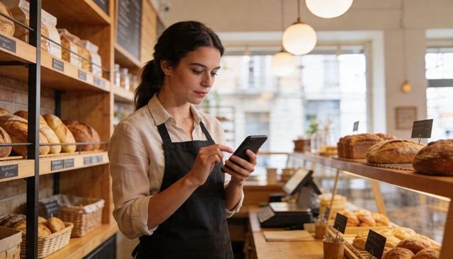 Female Baker Checking Smartphone While Arranging Artisan Bread Behind Rustic Shop Counter