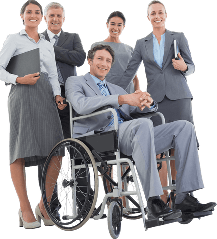 Diverse professional team with disabled businessman smiling in office
