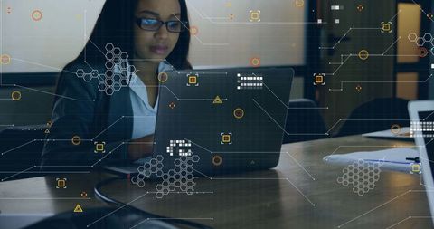 Businesswoman Typing on Laptop with Digital Network Overlays