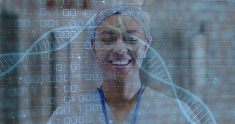 Smiling Clinical Tech Wearing Scrubs Bouffant Cap with DNA Hologram Overlay, Digital Data