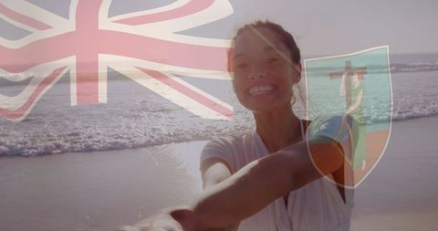 Smiling Woman on Beach with Overlay of Union Jack and Crest