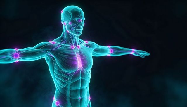 Displaying neon anatomy: male torso with glowing joints and translucent musculature