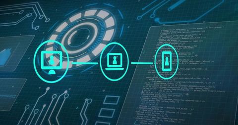 Connecting device icons on futuristic network interface with neon hud and code analytics