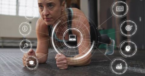 Woman holding forearm plank with fitness hud overlay showing core analytics and training data