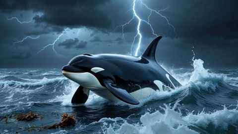 Majestic orca breaching in thunderous ocean storm