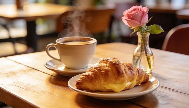 Steaming coffee and butter croissant on wooden cafe table with pink rose in vase for breakfast