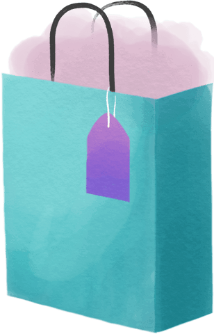Teal transparent gift bag with purple tag and tissue paper